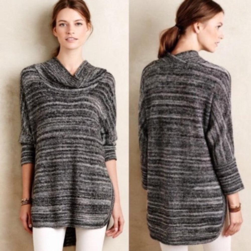 Anthropologie Field Flower Cowl Neck Tunic Sweater Gray Marled Knit M